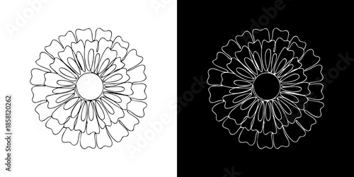 Elegant monochrome line art illustration featuring a symmetrical layered flower blossom outline, a versatile vector graphic ideal for creative design projects and decorative applications