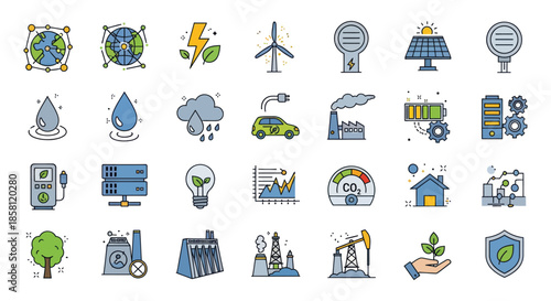 Diverse Collection of Eco-Friendly and Energy Icons.