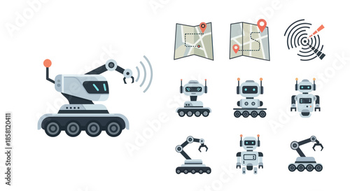 Futuristic White Robotic Rover with Articulated Arm and Antenna.