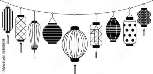 Black and white Chinese lantern string illustration, traditional Asian hanging lanterns banner, geometric patterns, minimal line art vector design