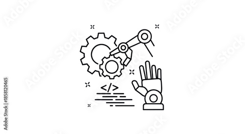 Robotic Arm Manipulating Gears with Code and a Robotic Hand Black and White Line Art.