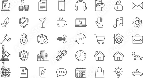 Large Set of Minimalist Outline Vector Icons for Legal Justice Business Communication Environmental Sustainability Logistics Lifestyle and General Web Interface Design Elements