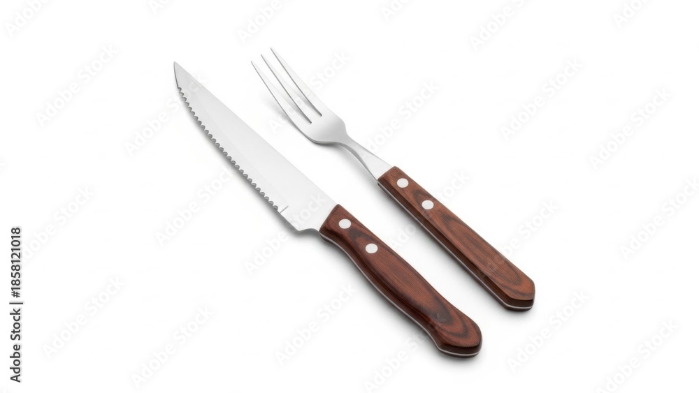Naklejka premium Stainless steel steak knife and matching fork with warm wooden handles and rivets, arranged on a bright background, perfect for cutting and serving grilled meats in rustic yet refined table settings