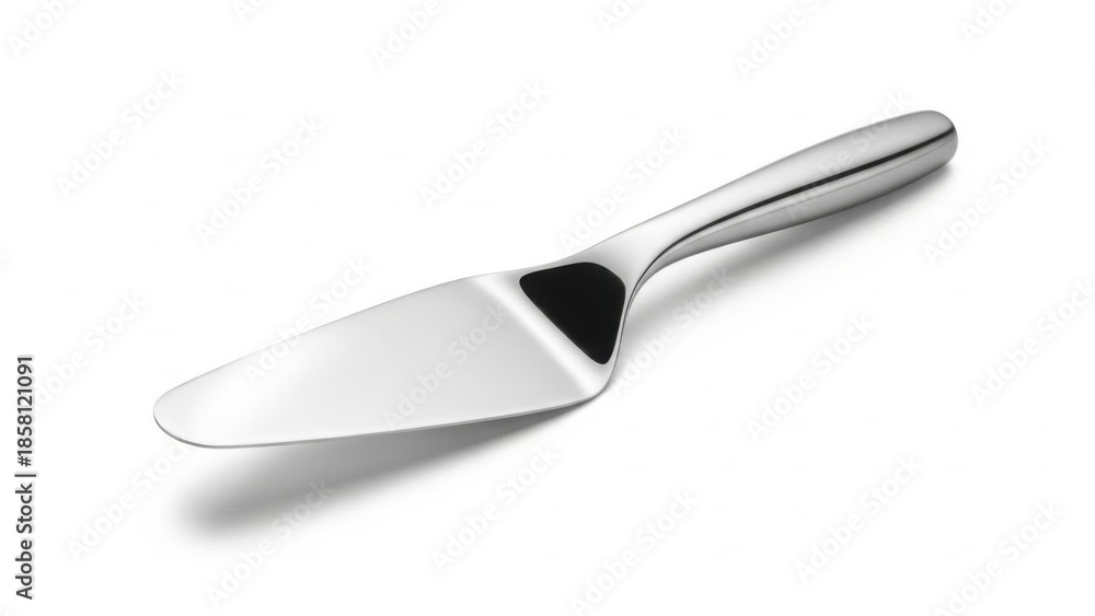Fototapeta premium Polished stainless steel cake server with sleek triangular blade and ergonomic handle resting on a white background, ideal for neatly slicing and lifting cakes, pies, and tarts at parties and celebrat
