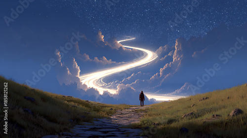 A glowing path spiraling into the sky, with a lone traveler taking the first step.