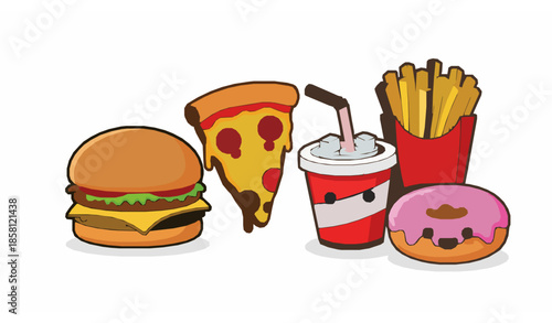 Cute cartoon junk food vector set isolated on white background for kids illustrations