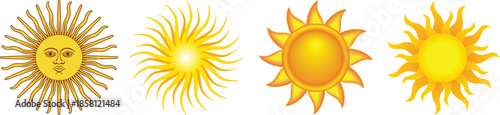 Sun Vector Collection - Set of 4 Sunburst Icons with Face and Rays on Transparent Background