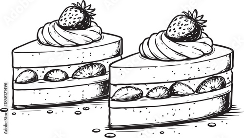 Strawberry Shortcake Slices Line Art Illustration eps