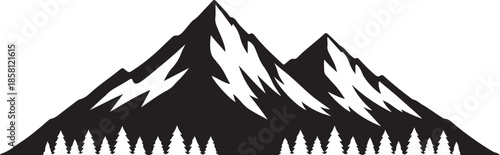 Black White Twin Mountain Peaks With Pine Trees Illustration eps