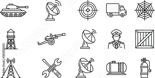 Military icon set illustration, including tank, artillery, satellite dishes, communication tower, cargo truck, tools, storage crate, equipment symbols for defense themes
