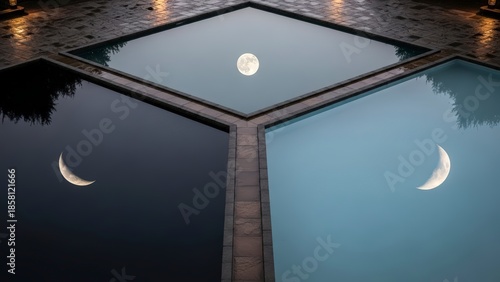Reflections of the Moon and Crescent Moon in a Modern Fountain.