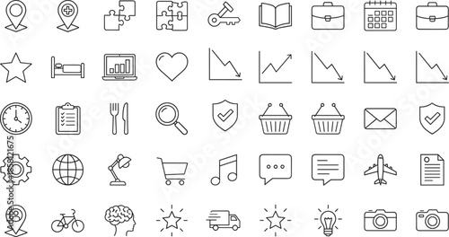 Minimalist black line icon set featuring business growth charts, travel location pins, industrial gears, shipping delivery truck, and creative brainstorm idea symbols.