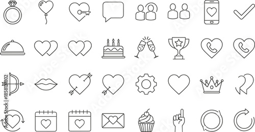 Elegant line icon collection for weddings and romance featuring heart symbols, diamond ring, celebration champagne toast, birthday cake, love letter, and cupids bow.