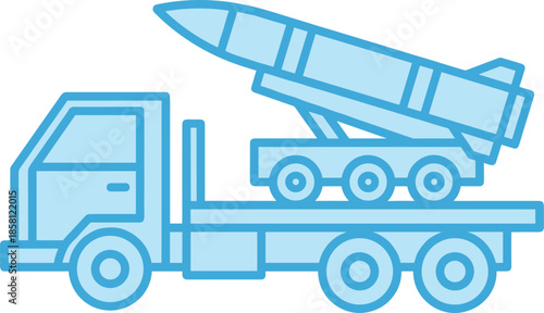 Military missile launcher truck icon illustration, flat blue outline design showing defense vehicle, tactical rocket system, transportation equipment, and modern warfare technology