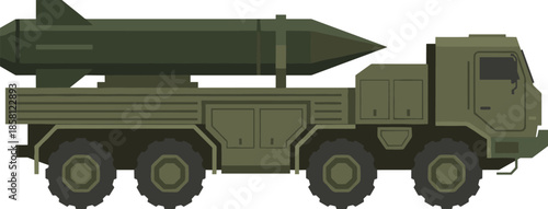 Military missile transporter vehicle illustration, heavy mobile launcher truck carrying large ballistic missile, armored strategic weapons platform used for defense operations