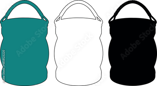 Vector illustrations of a decorative pot or bucket with a textured handle, provided in teal fill, black outline, and solid black silhouette