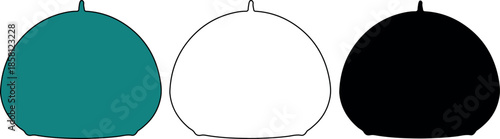 Minimalist Beret Hat Icon Set Featuring Solid Teal, Black Outline, and Solid Silhouette Designs Isolated on White Background for Fashion Branding and Graphic Design Elements