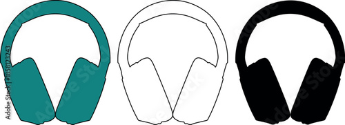 Modern headphones silhouette collection with teal, line art, and solid black versions on a clean white background