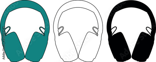 Set of professional headphones silhouettes in three distinct styles: teal, black outline, and solid black, for audio equipment design