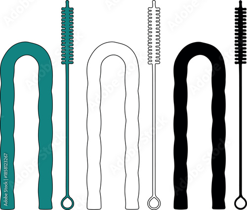 Cleaning brush and U-shaped tool silhouettes presented in multiple colors isolated on white background.