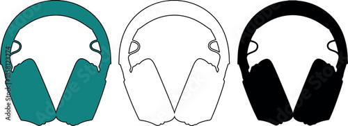Modern headphones silhouette collection with teal, line art, and solid black versions on a clean white background