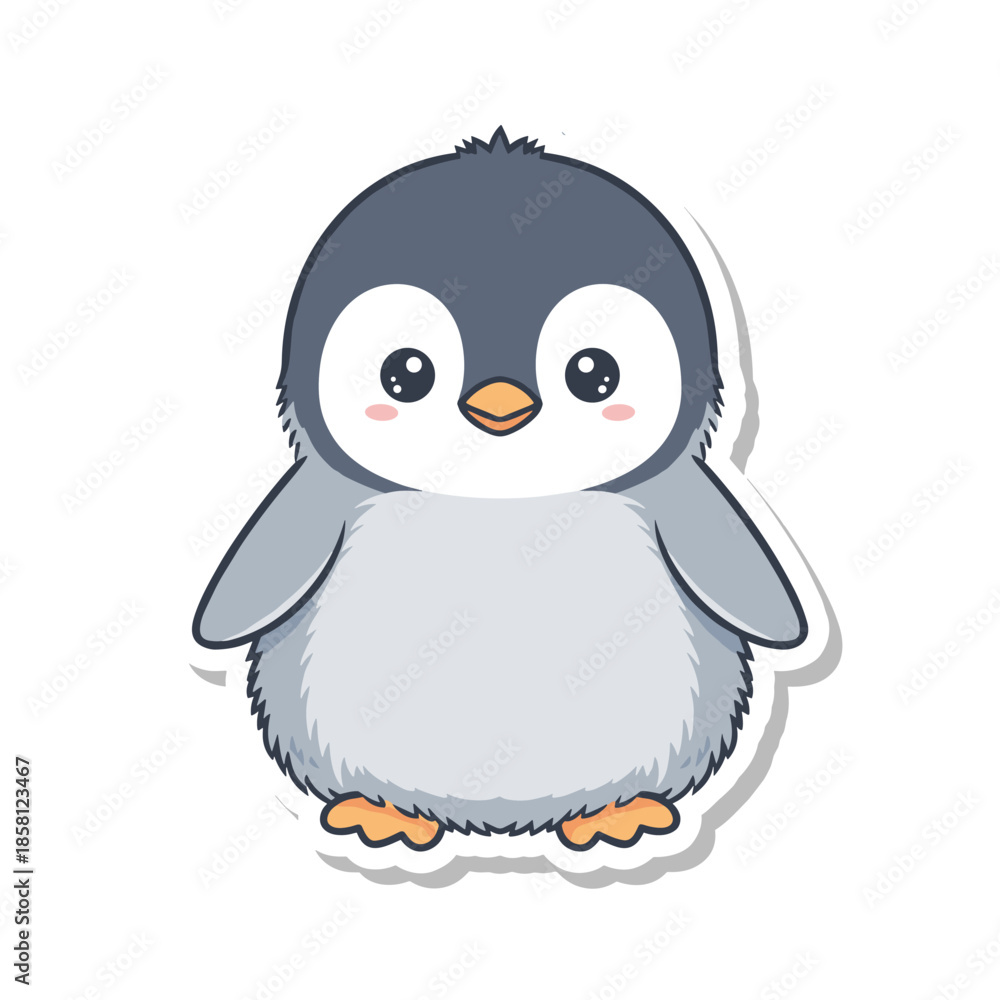Obraz premium Adorable fluffy baby penguin cartoon sticker illustration.