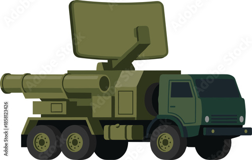 Military radar artillery vehicle illustration, mobile defense system for battlefield surveillance, target detection, long-range monitoring operations, armored tactical equipment and security