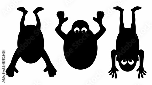 Funny cartoon frogs doing handstands in playful poses