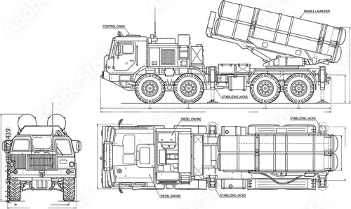 Military missile launcher truck technical blueprint illustration, detailed engineering drawing showing side, front, and top views for defense design and analysis