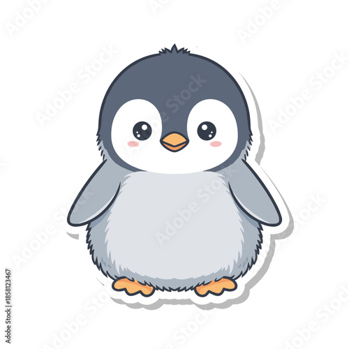 Adorable fluffy baby penguin cartoon sticker illustration.