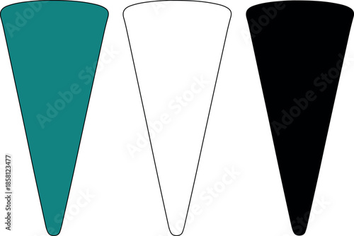 Three abstract conical shapes, including solid colors and an outline, isolated on a white background.