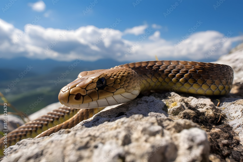 Obraz premium Close-Up View Of A Snake On Rocky Surface Against Cloudy Sky and Mountain Landscape