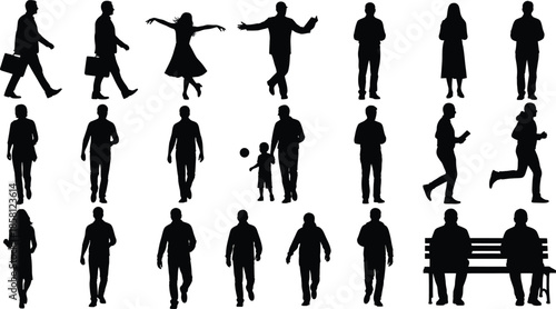 Collection of diverse human silhouettes illustrating various activities, poses, and social interactions