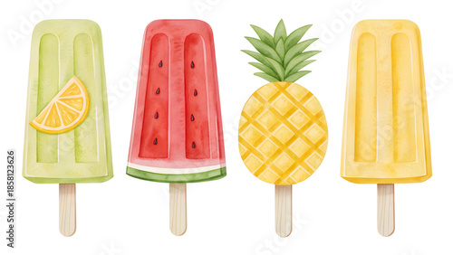 Four Fruit Popsicles Watercolor Illustration isolated on a transparent background