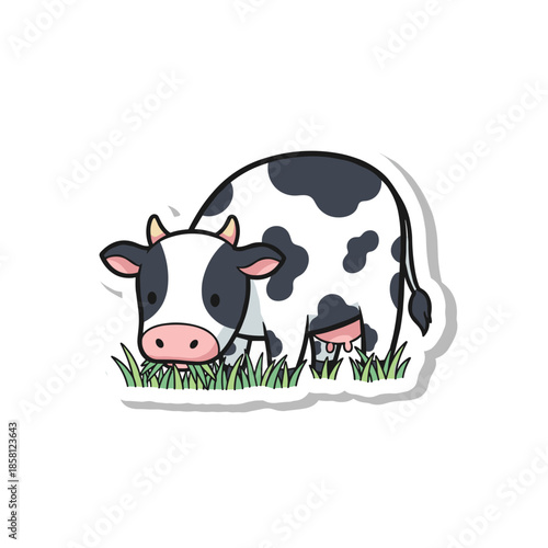 Cute Cartoon Cow Grazing in Green Grass Sticker.