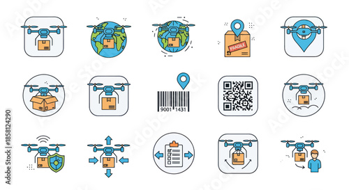 Illustrated Drone Delivery Icons Representing Package Transportation Services.