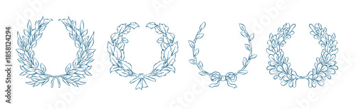 Set of laurels wreath frames branches in hand-drawn style, Whimsical drawing wreaths and branches with leaves, element for invitations, greeting cards, scrapbooking, sticker, decorative etc.