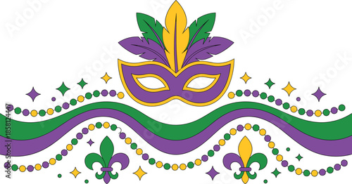 Purple and Gold Mardi Gras Mask with Beaded Garland and Fleurs-de-lis