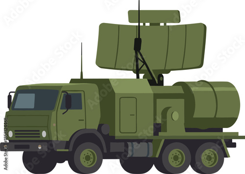 Military radar truck illustration, mobile surveillance vehicle for defense systems, battlefield detection, tactical monitoring operations, anti-aircraft tracking, and advanced security technology