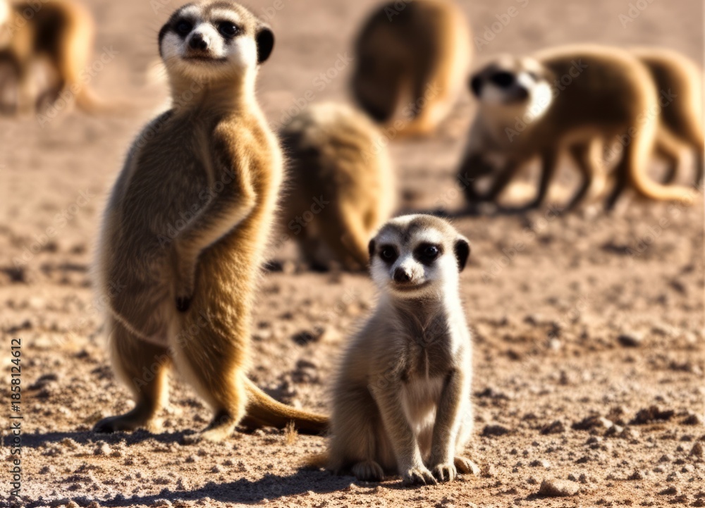 Fototapeta premium Frame a meerkat pup being guarded by an adult while others forag
