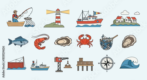 Colorful Hand-Drawn Nautical Icons and Coastal Elements.