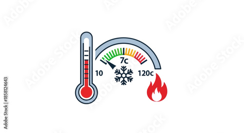 Temperature Gauge with Thermometer Snowflake and Flame Icons Indicating Cold and Hot Temperatures.