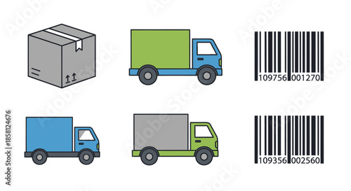 Delivery and Logistics Icons: Cardboard Box Shipping Trucks and Barcodes.