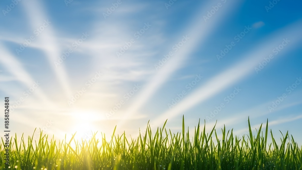 Fototapeta premium Bright sun rays shining over green grass field. New beginnings and hope concept. Sun rising over a lush lawn with blue sky and dramatic light beams