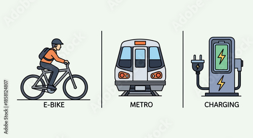Sustainable Urban Transportation: E-Bike Metro Train and Electric Vehicle Charging Station.