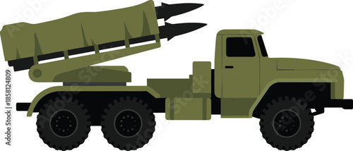 Military rocket launcher truck, armored tactical vehicle with missiles, mobile artillery platform illustration for defense technology, warfare equipment, and modern combat systems imagery