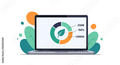 Laptop displaying a circular chart with a leaf icon and environmental data.