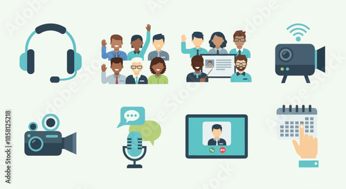 Collection of Vector Illustrations Depicting Video Conferencing and Communication Elements.