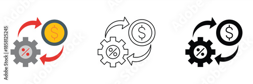 Clean icon set illustrating financial process optimization, showing dynamic link between strategic settings, operational efficiency, and achieving desired monetary return