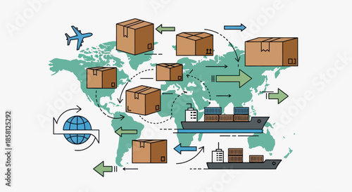 Global Logistics Network: Boxes Airplane Ships and World Map Illustration.